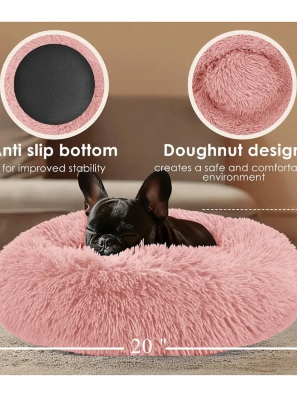 Pink Dog & Cat Bed for Indoor Cats, 20in Calming Donut Bed for Puppy and Kitten